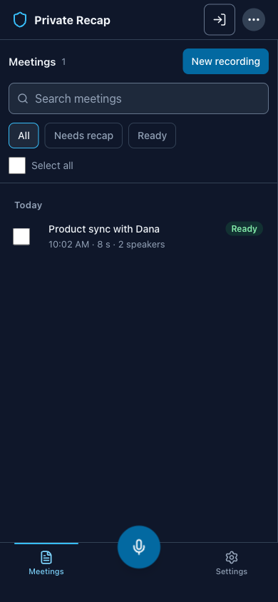 The meetings list on a phone, newest first, with recap status for each call and a Record button below