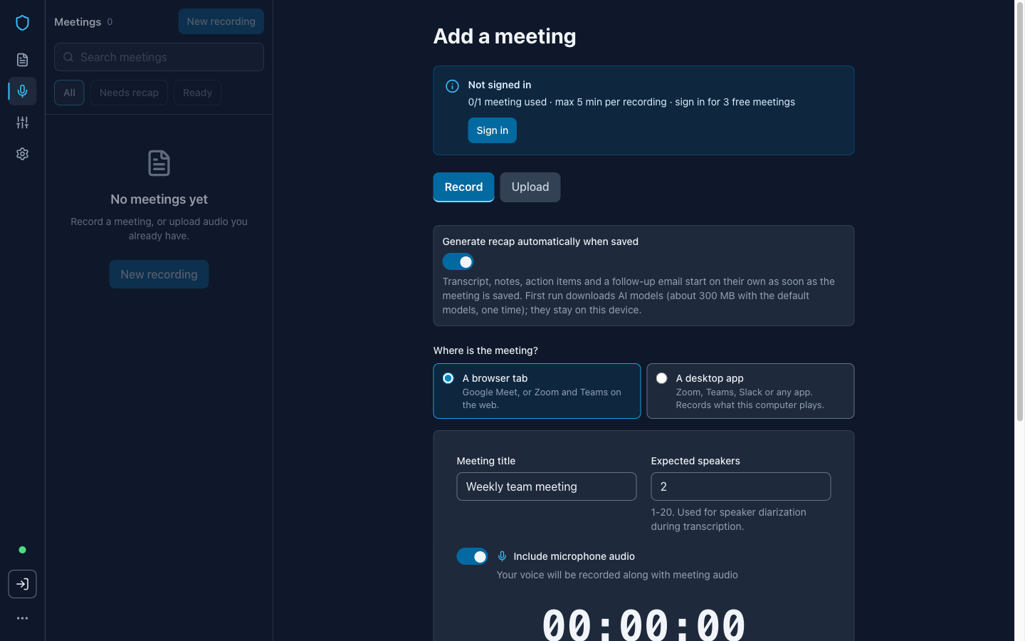 Record screen asking where the meeting is, a browser tab or a desktop app, with a Start recording button and the Generate recap automatically switch